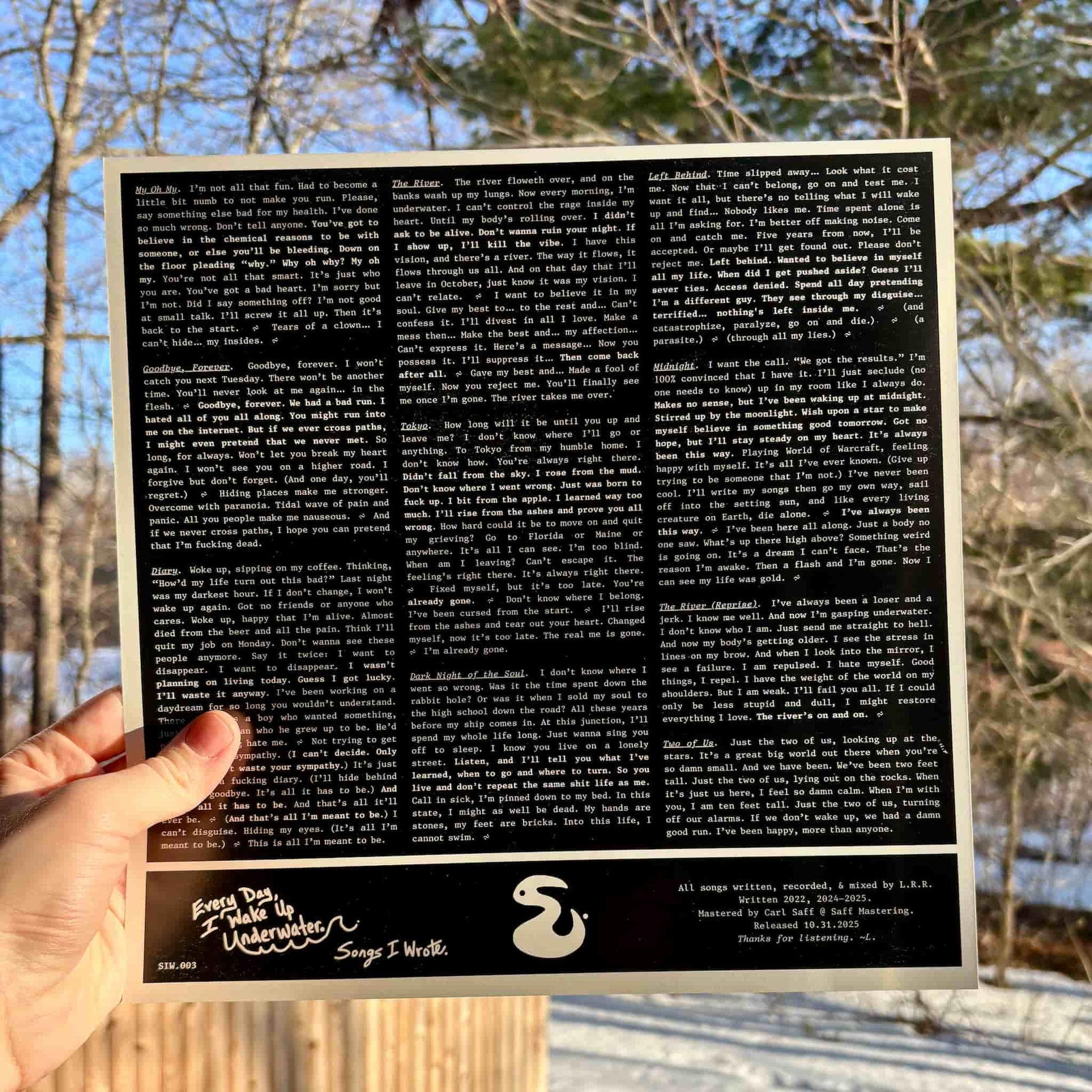 Person holding a printed music sheet with lyrics against a natural background