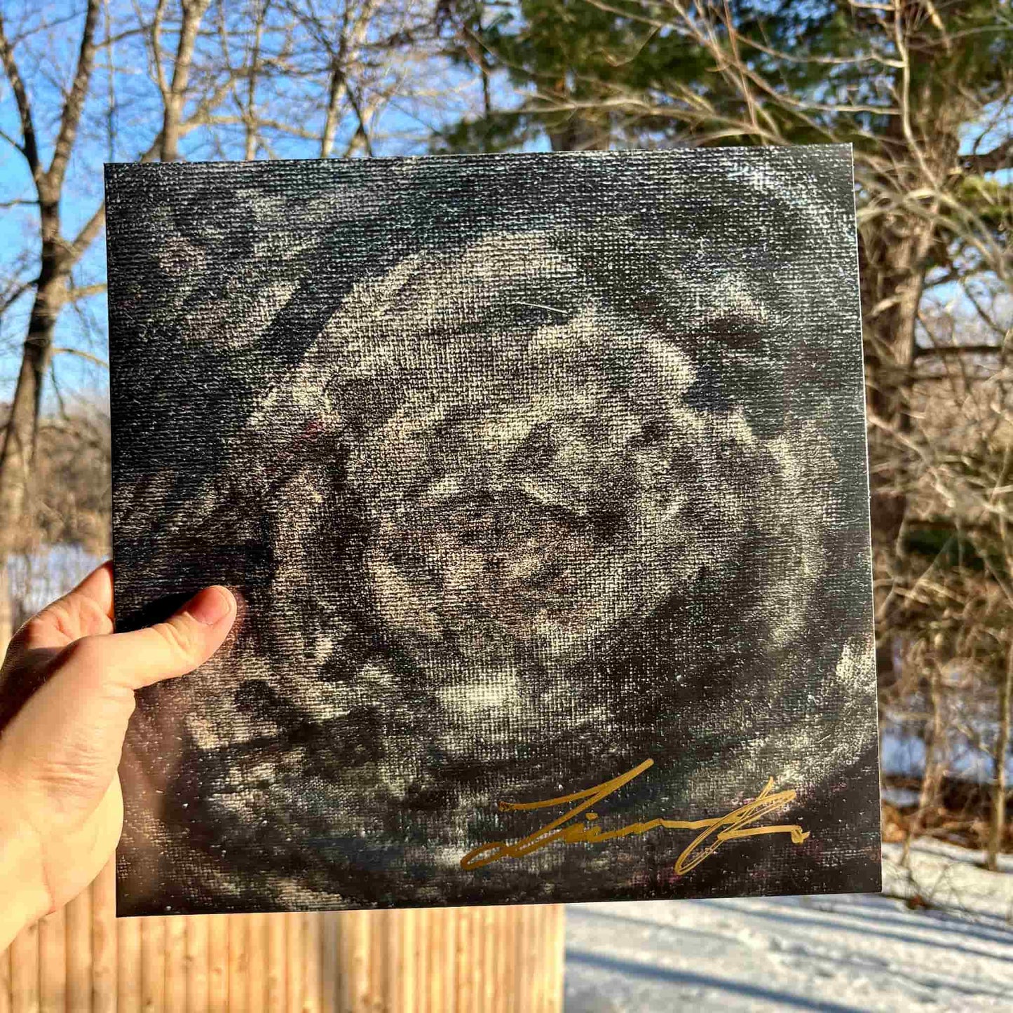Hand holding the vinyl jacket with a signature against a natural background