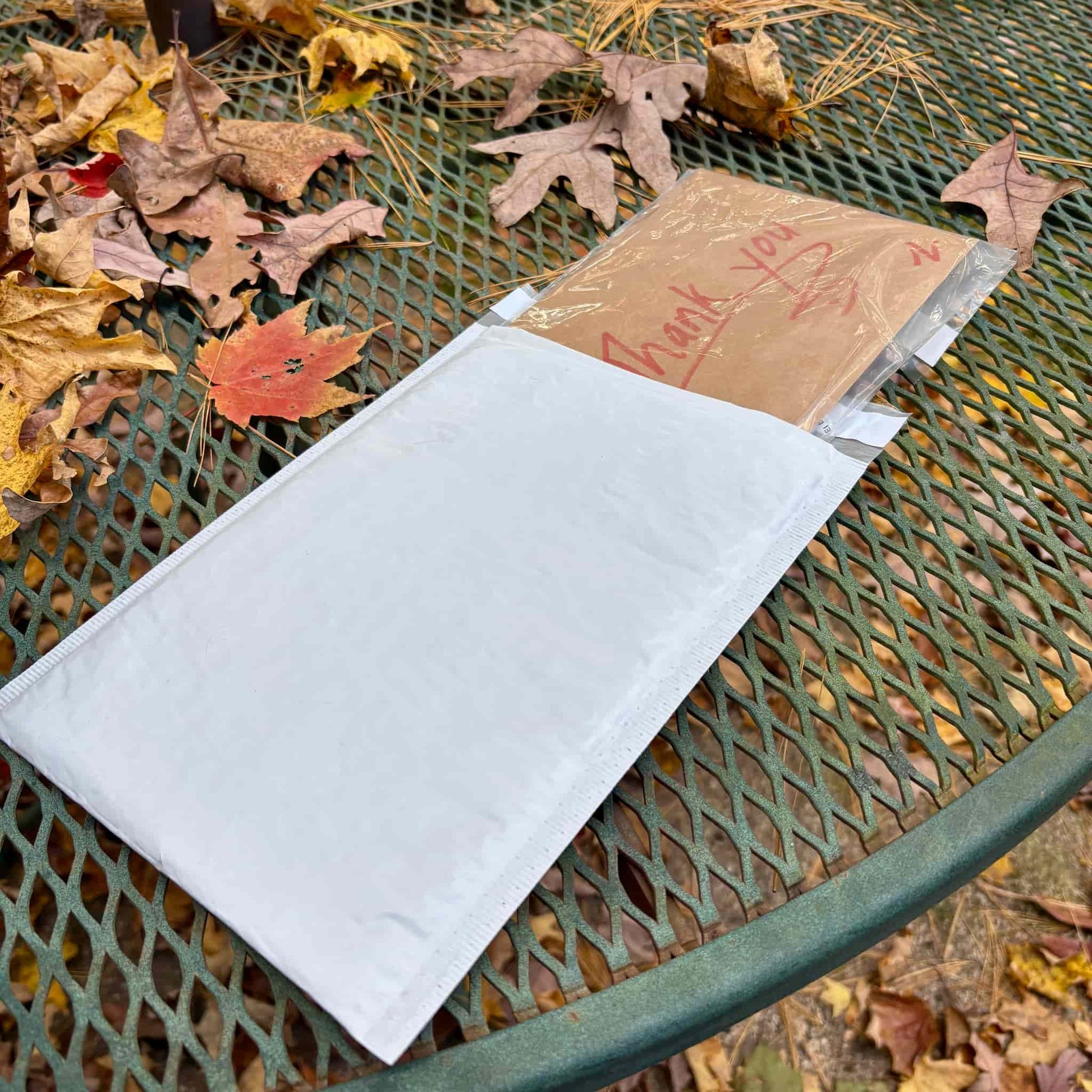 Sealed "thank you" envelope partially inserted into bubble mailer packaging.